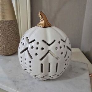 White Ceramic Tealight Pumpkin with Gold Stem